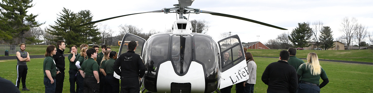 EMS students with Life Flight helicopter