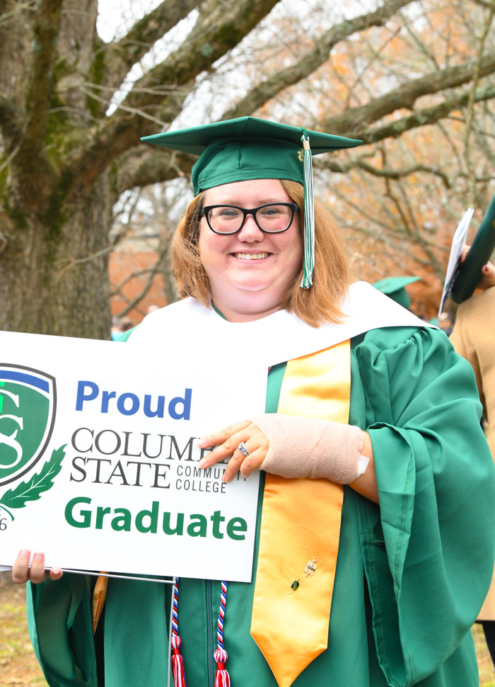 Summertown native Sarah Frazier graduated with an Associate of Science degree in business administration. A veteran of the United States Marine Corps, she was a member of the Student Veterans Organization and both Phi Theta Kappa and Sigma Kappa Delta honor societies. During her time at Columbia State, Frazier was honored with the Chancellor’s Commendation for Military Veterans award. Next, she plans to transfer to Middle Tennessee State University to earn a bachelor’s degree in business administration with hopes to one day open a candle-making business with her sister. “Columbia State has reiterated the importance of teamwork in and out of school which was originally taught to me by the Marine Corps,” she said.  “I also now have a deeper understanding of what will be expected of me in the workplace. Columbia State has prepared me for the four-year university that I plan on attending after graduation by establishing the workload that will be expected of me continuing forward.”