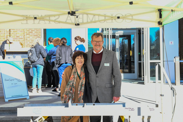 Dr. Janet F. Smith, Columbia State president, and Dr. Dearl Lampley, Columbia State vice president of the Williamson Campus and external services, at the beam signing event on the Williamson Campus.