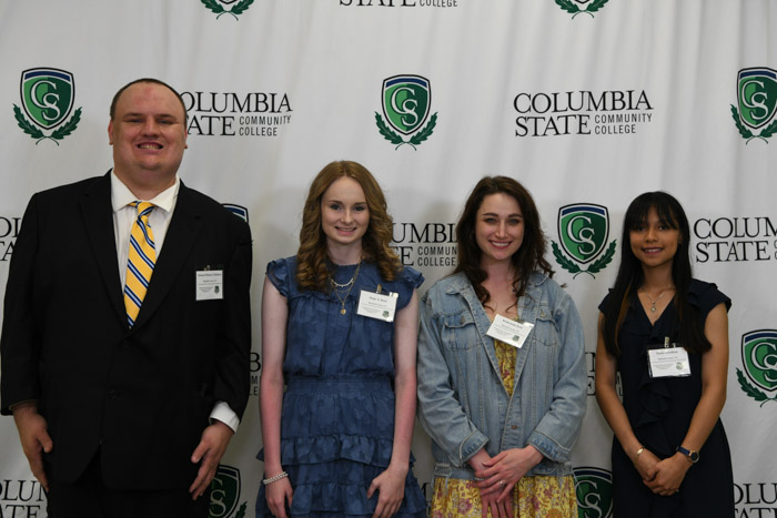 Pictured (left to right): Samuel Moses Childress was honored for serving as the Student Government Association House of Representatives-Lewisburg Campus; Hope A. Bone was honored for serving as the Student Government Association secretary/treasurer; Bretta Jade Kent received the Leadership Award for the Lewisburg Campus; and Paula Mendoza was honored for serving as a Student Government Association senators-columbia campus. Not pictured: Jonathan E. Quick and Amanda J. Adams received Academic Excellence awards; Anthony Cayden Flickinger was honored for serving as a Student Government Association senator for the Lewisburg Campus; Tristan W. Griggs received a TCCAA Second Team All-Academic Athletics Baseball award; and Lyric Lynn Patin was honored for serving as Phi Theta Kappa representative for the Lewisburg Campus.