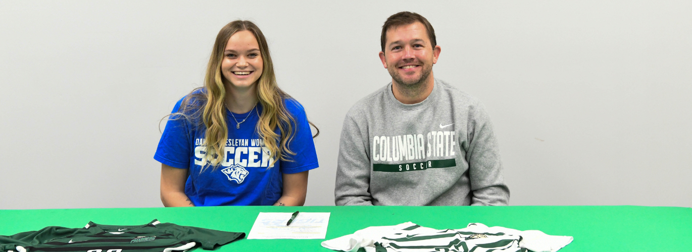 Kori Harshman, Columbia State women’s soccer player, and Kean Barclay, Columbia State women’s soccer coach.