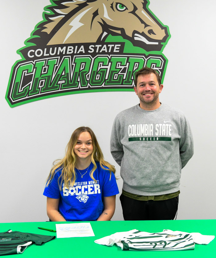 Kori Harshman, Columbia State women’s soccer player, and Kean Barclay, Columbia State women’s soccer coach.