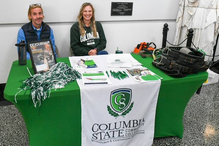 Pictured (left to right): Vincent Hall, Columbia State Workforce and Continuing Education operations manager, and Tiffany Odom, Columbia State Workforce Solutions and Continuing Education coordinator, prepare to speak to Maury County Public Schools high school juniors and seniors about the pre-apprentice lineworker academy and other short-term programs offered