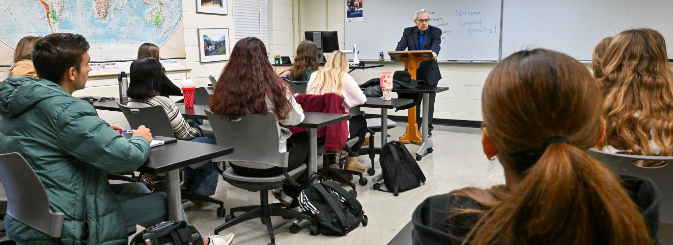 Former U.S. Representative Bob Clement speaks to a Tennessee history class taught by Emily Senefeld, Columbia State instructor of history.