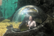 Student in bubble under water