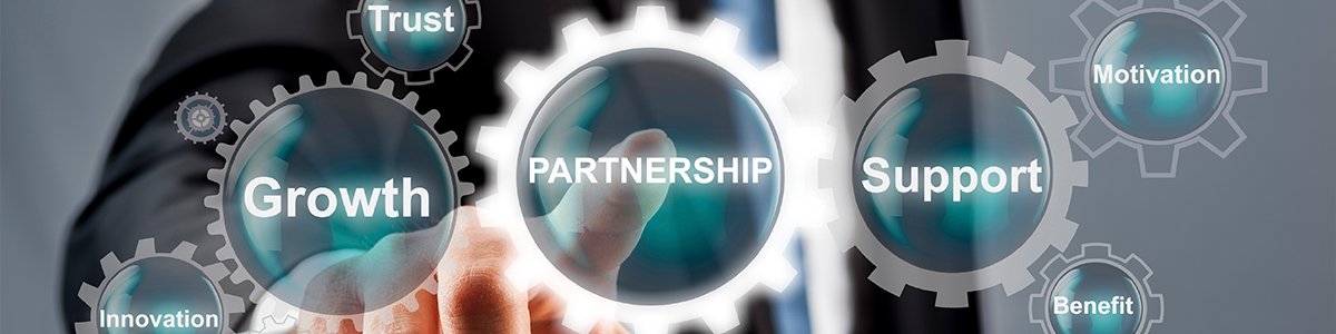 Interlocking gears labeled Growth, Partnership, Support, Trust, Motivation, Innovation, and Benefit, with a person pointing at the center gear in the background.